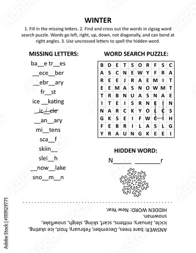 Educational word game, topic "Winter". Missing letters. Word search puzzle. Hidden word. Vocabulary stretching.
