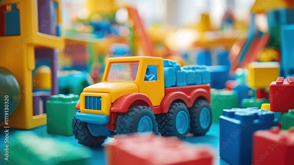 Fototapeta premium A colorful play area filled with kid-friendly toys like trucks, dolls, and blocks, creating a fun atmosphere