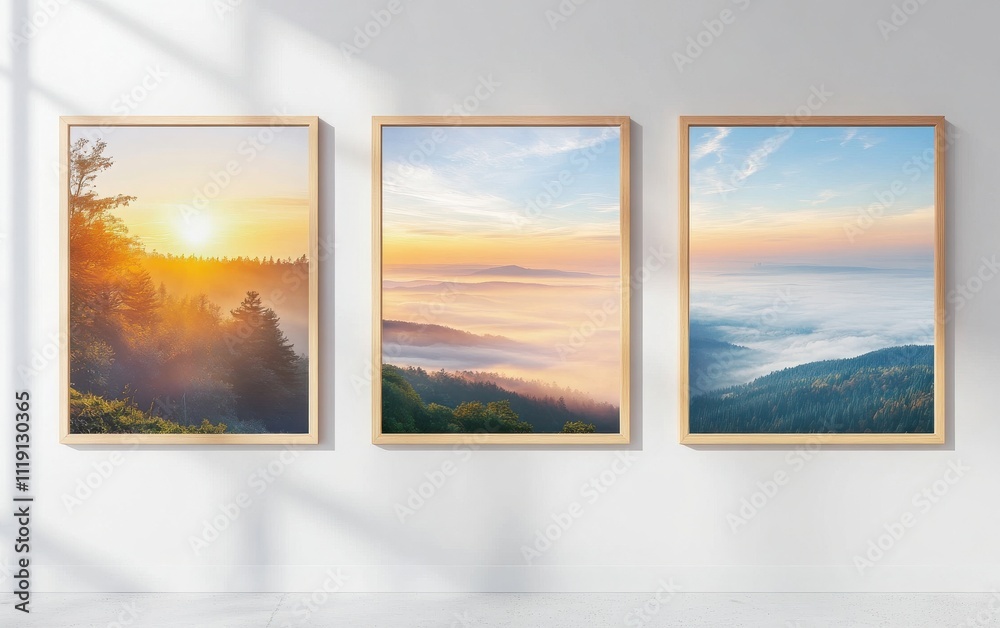 Three wooden frames hang on the wall at different levels, each showcasing a hyper-realistic landscape photo Three wooden frames hang on the wall at different levels, each showcasing a hyper-realistic landscape photo