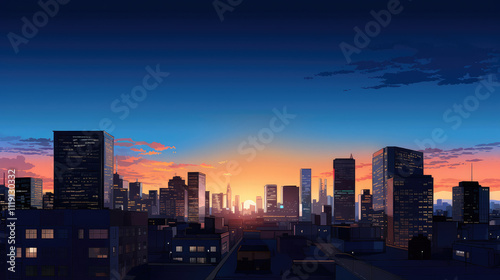 Dusk City Skyline and Vibrant Sunset Background