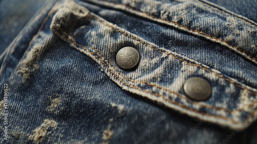 Close-Up View of Worn Denim Fabric Featuring Distressed Texture and Metallic Buttons Perfect for Fashion and Textile Projects Close-Up View of Worn Denim Fabric Featuring Distressed Texture and Metallic Buttons Perfect for Fashion and Textile Projects