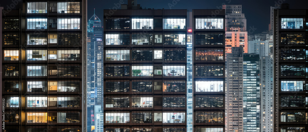 Illuminated Skyscrapers and Office Windows at Night Illuminated Skyscrapers and Office Windows at Night