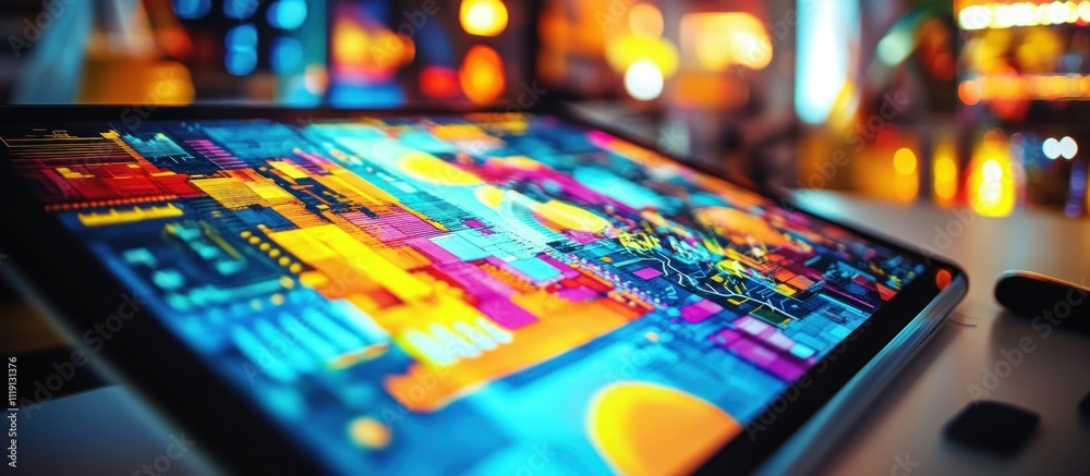 A close-up of a tablet with a bright and colorful abstract design on the screen, sitting on a desk with a blurred background. A close-up of a tablet with a bright and colorful abstract design on the screen, sitting on a desk with a blurred background.