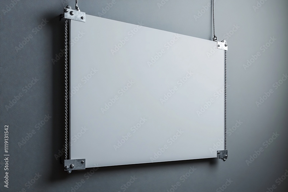 Blank white sign hanging on gray wall. Blank white sign hanging on gray wall.