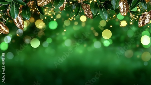 Festive Green Background  Gold Leaves   Lights