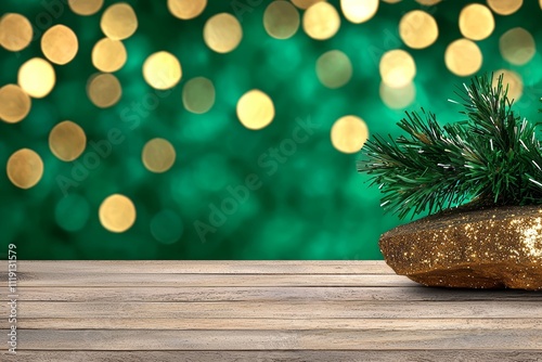 Festive Gold Gift Box on Wooden Table with Green Bokeh Background