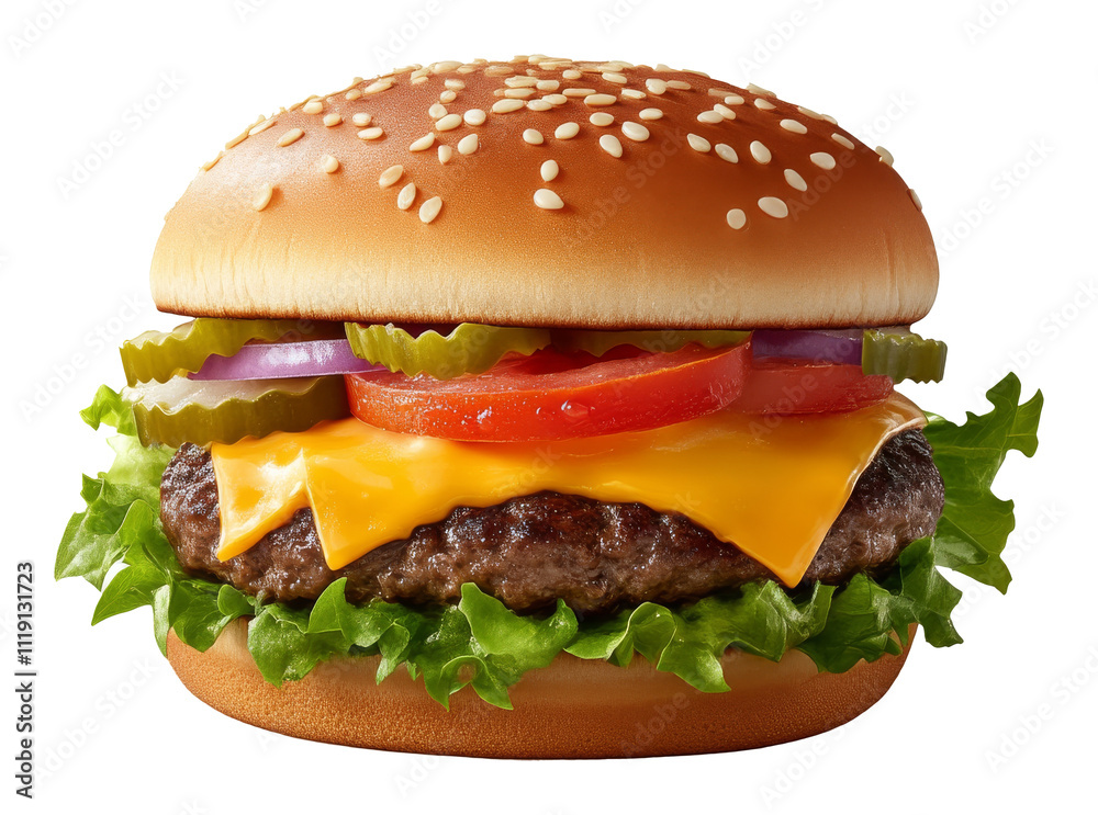 Juicy cheeseburger with fresh vegetables and sesame seed bun Juicy cheeseburger with fresh vegetables and sesame seed bun
