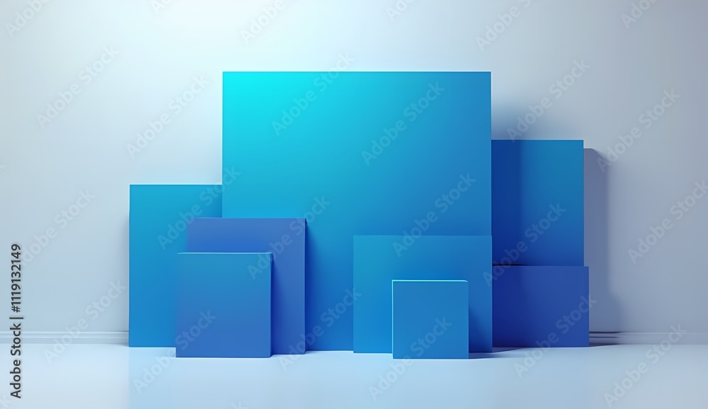 Captivating Blue Geometric Cube Composition, minimalist 3D shapes, clean lines, serene palette for modern decor, packaging, and branding Captivating Blue Geometric Cube Composition, minimalist 3D shapes, clean lines, serene palette for modern decor, packaging, and branding