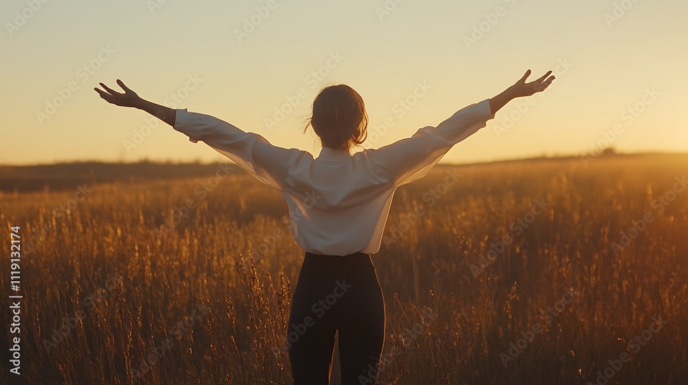 Woman enjoying sunset in a field, arms outstretched. Woman enjoying sunset in a field, arms outstretched.