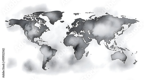 Fototapeta Naklejka Na Ścianę i Meble -  Watercolor world map, global, continents, grey, clouds.