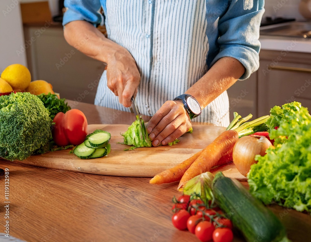 close-up of someone chopping fresh vegetables on a cutting board in the kitchen close-up of someone chopping fresh vegetables on a cutting board in the kitchen