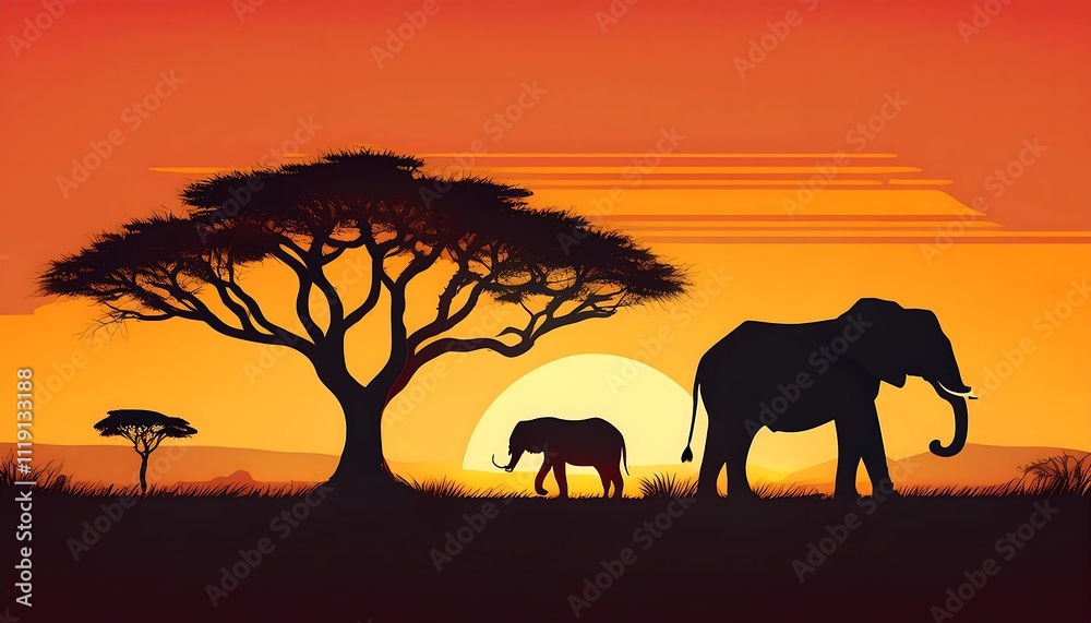 Fototapeta premium Elephants silhouetted against a sunset landscape.