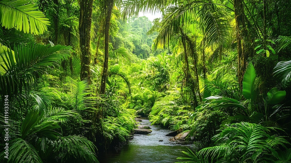 Lush green rainforest with a small river flowing through it. Lush green rainforest with a small river flowing through it.