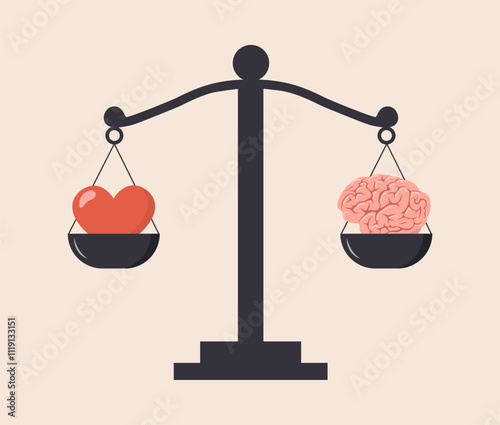 Heart and Brain Balance. Rational reasonable and emotional choice. Brain and heart on seesaw. Flat design. Vector illustration in cartoon style.