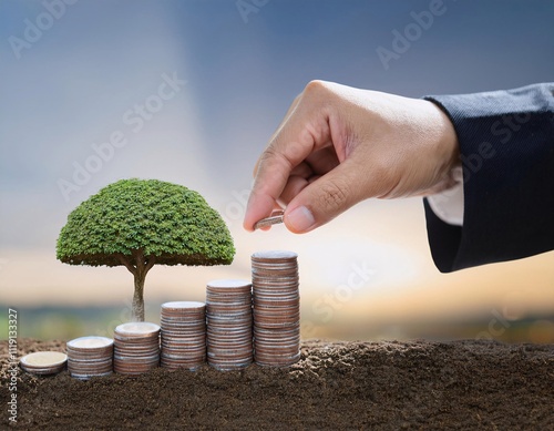 businessman putting coins on a pile of money with a small tree growing on top, photo