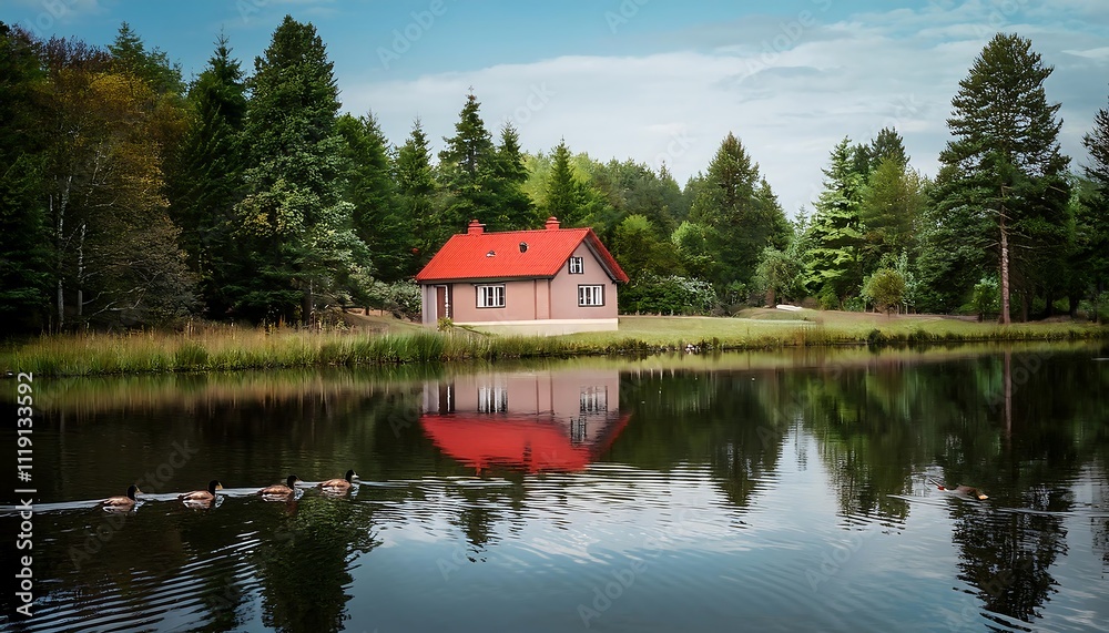 Obraz premium Serene lakeside house with ducks swimming nearby.