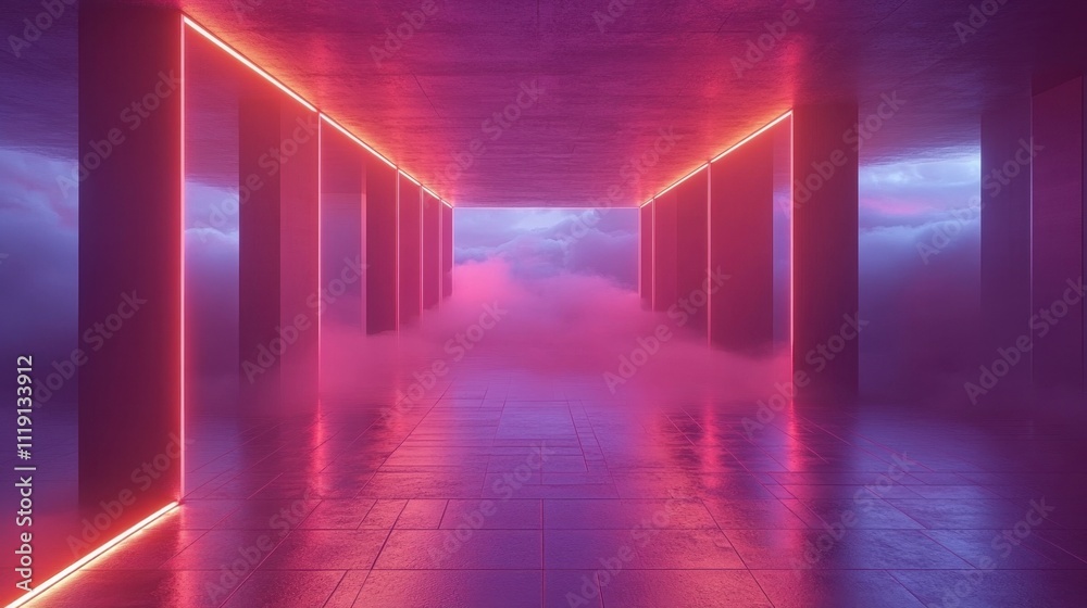 A futuristic corridor with neon lights and mist creating a surreal atmosphere. A futuristic corridor with neon lights and mist creating a surreal atmosphere.