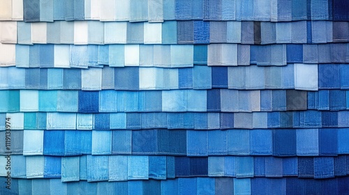 A Set of Overlapping Square Tiles in Various Shades of Blue Reflecting a Beautiful Gradient of Denim Textures, Creating a Colorful Background Design