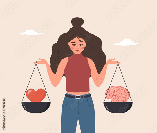 Heart and Brain Balance. Rational reasonable and emotional choice. Cartoon Female character looking at brain and heart on seesaw. Flat Vector illustration.