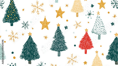 Seamless pattern with Christmas tree, snowflake, golden star. Christmas, new year design in golden color on a light background. Trendy modern vector illustration. Cute hand drawn flat design photo