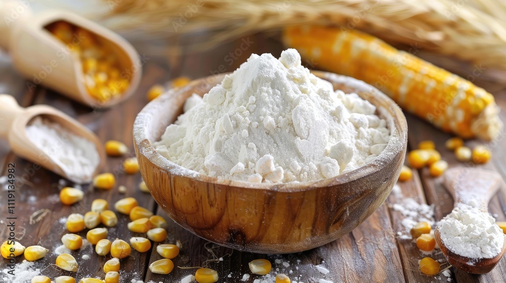 Fresh Corn Flour on Wooden Table Fresh Corn Flour on Wooden Table
