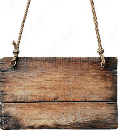 Wooden hanging sign with rope isolated on transparent background photo