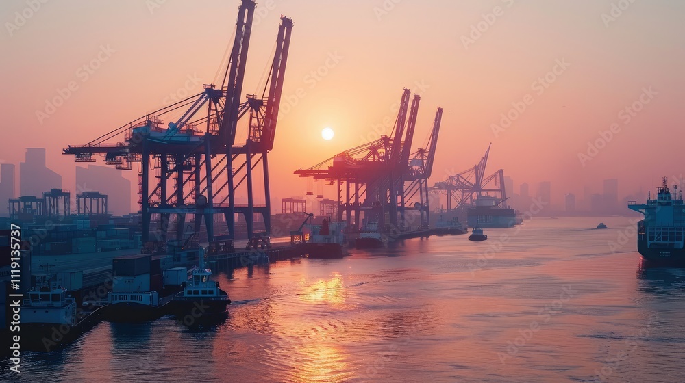 Industrial Port at Sunset with Cargo Ships Industrial Port at Sunset with Cargo Ships