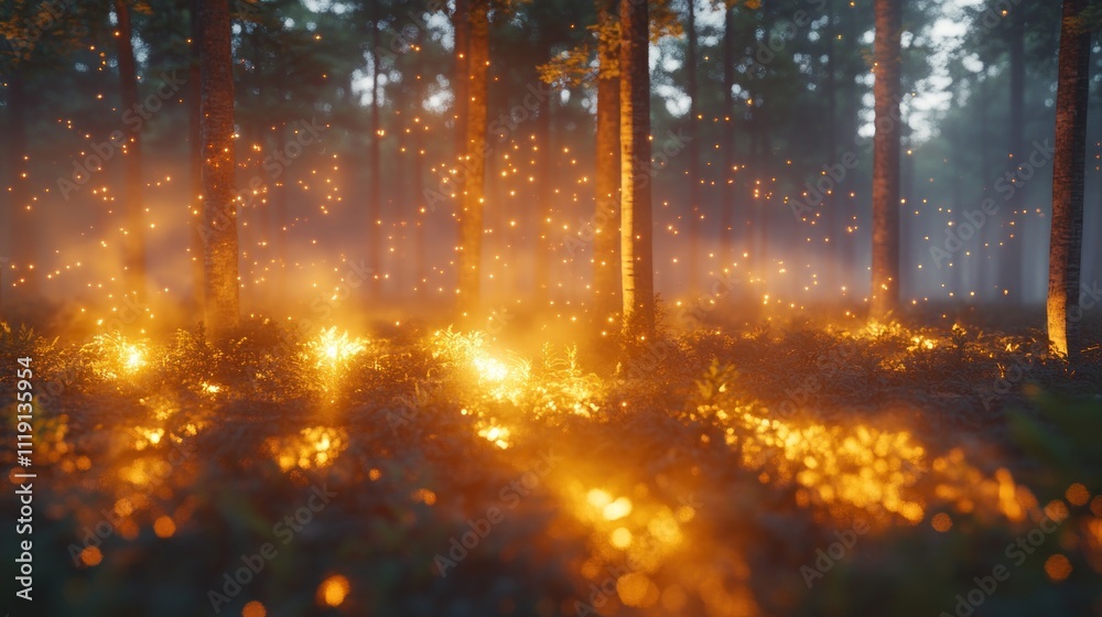 Forest fire at night with glowing embers and smoke.