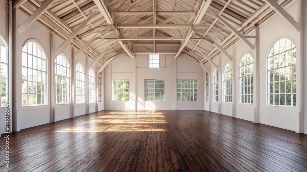 Spacious white loft with arched windows and dark hardwood floors. Ideal for showcasing architecture, interior design, or event space concepts. Spacious white loft with arched windows and dark hardwood floors. Ideal for showcasing architecture, interior design, or event space concepts.