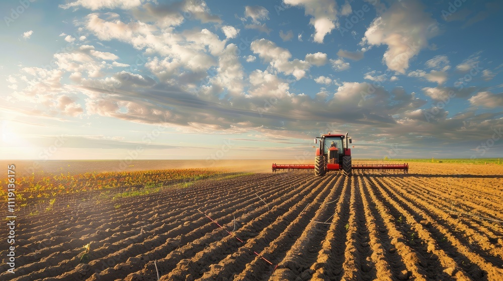 Tractor Plowing Field at Sunset Tractor Plowing Field at Sunset