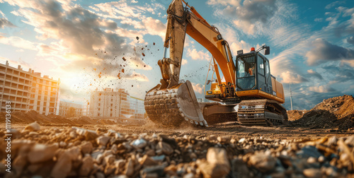 Powerful Excavator at Urban Construction Site