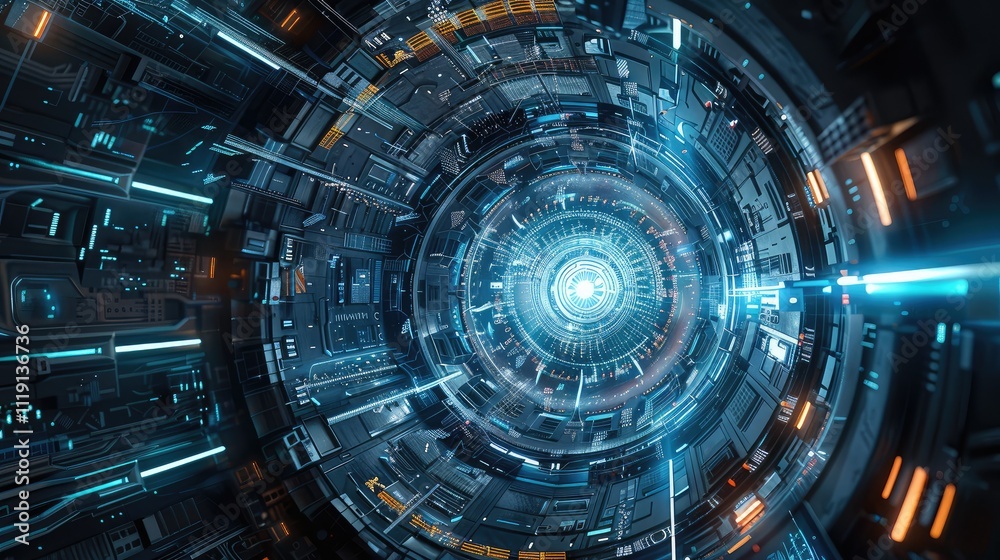 Fototapeta premium Futuristic Cyber Tunnel in Digital Space