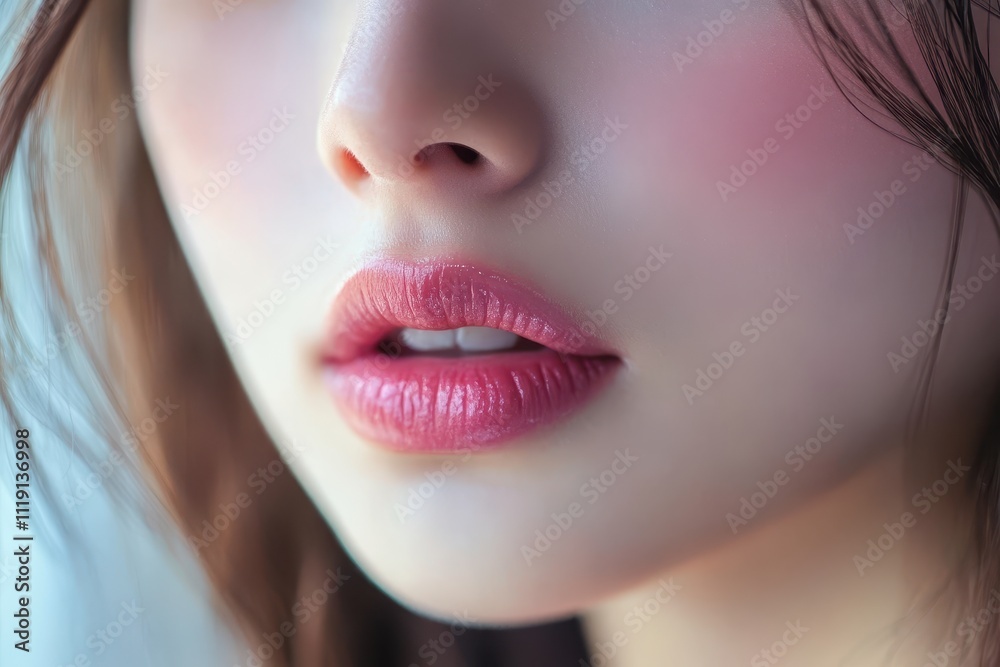 Fototapeta premium Close-up of woman's lips with soft pink lipstick. Perfect for beauty, cosmetics, or makeup ads.