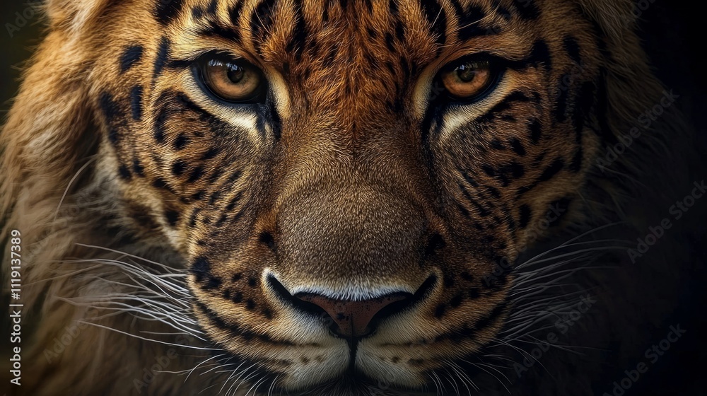 Obraz premium Majestic tiger displaying intense gaze in natural habitat under soft lighting