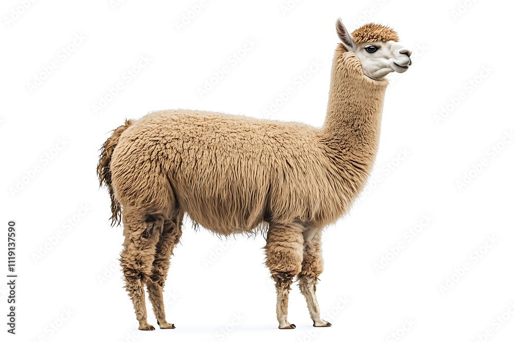 Obraz premium Full body alpaca, standing gracefully, isolated white backdrop, sharp image.