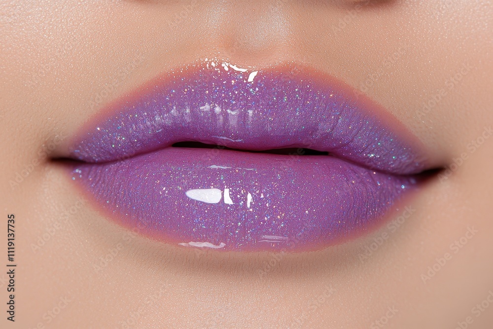 Close-up of lips wearing sparkly purple lip gloss. Perfect for beauty, cosmetics, and fashion websites. Close-up of lips wearing sparkly purple lip gloss. Perfect for beauty, cosmetics, and fashion websites.