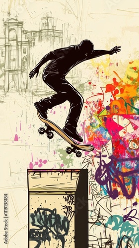 A silhouette of a skateboarder performing a trick against a colorful graffiti backdrop.