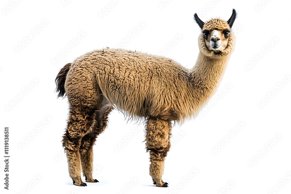 Obraz premium Full body alpaca with fluffy fur, standing confidently, isolated on white background, high resolution detail.
