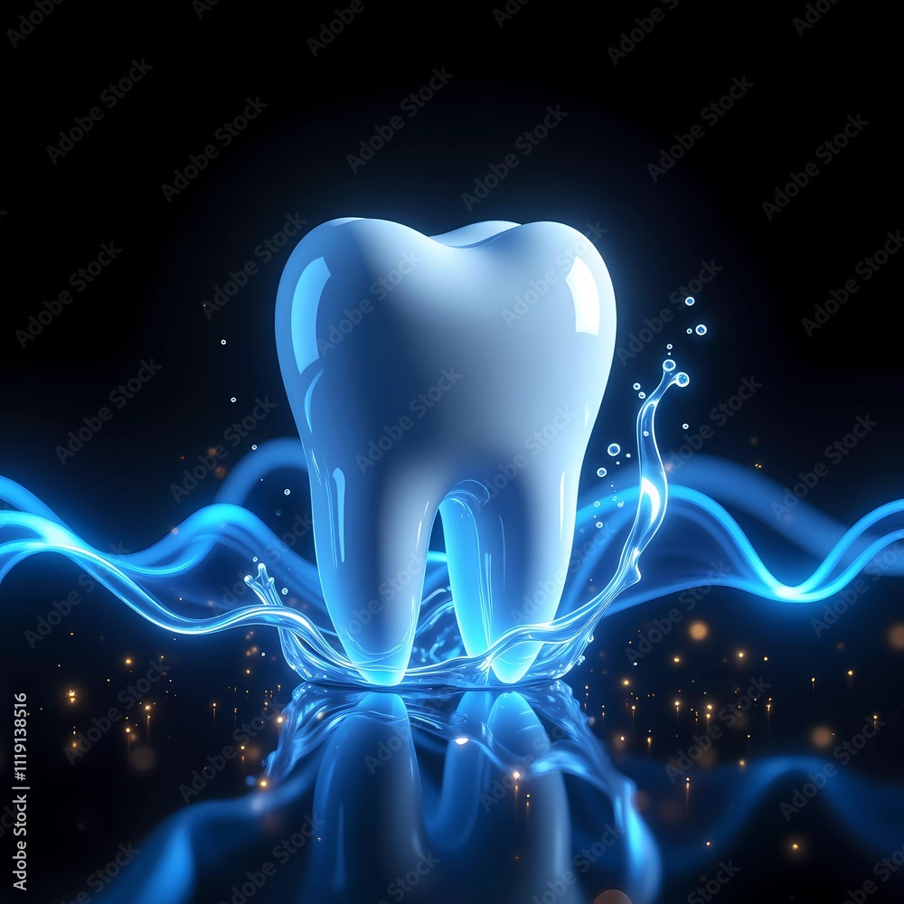 Glowing Tooth Surrounded by Water Splash Under Dramatic Lighting Glowing Tooth Surrounded by Water Splash Under Dramatic Lighting