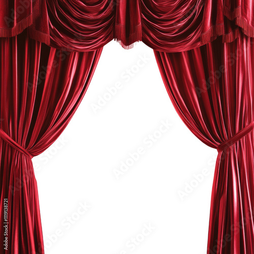 Elegant red theater curtains with dramatic folds and tassels