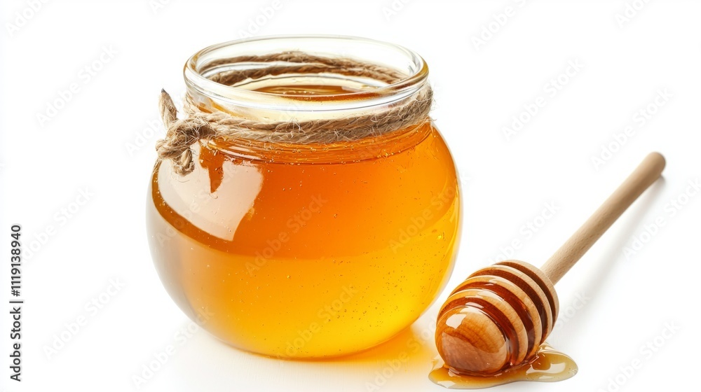 Honey jar with wooden dipper placed on a white background showcasing sweet golden texture Honey jar with wooden dipper placed on a white background showcasing sweet golden texture
