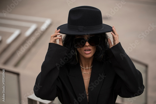 Portrait of beautiful smiling young woman hat. Sensual woman posing. Background. Face. Photo. Model. 
