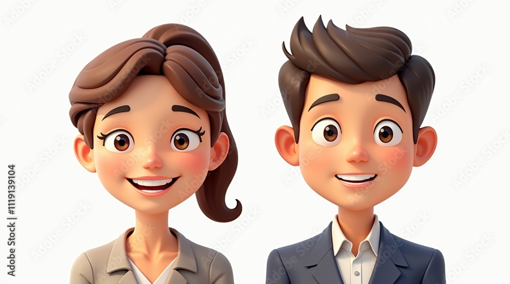 Smiling Cartoon Businessman and Businesswoman Closeup Portrait Illustration Smiling Cartoon Businessman and Businesswoman Closeup Portrait Illustration