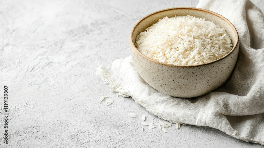 White Rice in Ceramic Bowl on Textured Surface with Cloth White Rice in Ceramic Bowl on Textured Surface with Cloth