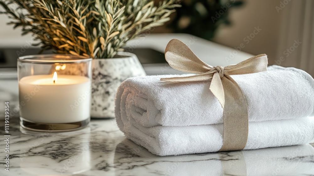 Elegant Arrangement of Fresh Towels, Scented Candle, and Decorative Plant on Marble Countertop in Serene Spa-Like Setting Elegant Arrangement of Fresh Towels, Scented Candle, and Decorative Plant on Marble Countertop in Serene Spa-Like Setting
