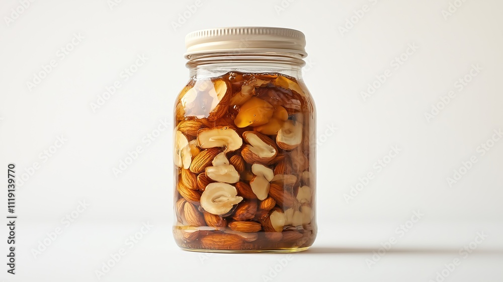 Nuts in a jar with honey, nuts filled with honey on a white background, isolated Nuts in a jar with honey, nuts filled with honey on a white background, isolated