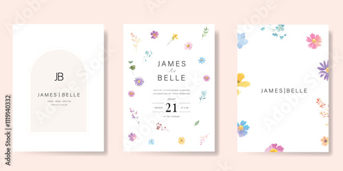 Elegant wedding invitation card background vector. Minimal hand painted watercolor botanical flowers texture template background. Design illustration for wedding, vip cover, poster, rsvp modern card.