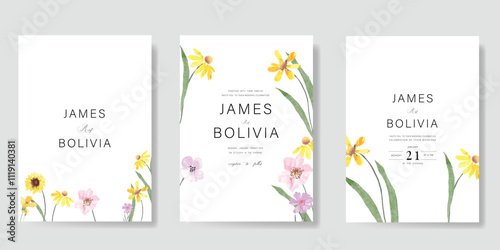 Elegant wedding invitation card background vector. Minimal hand painted watercolor botanical flowers texture template background. Design illustration for wedding, vip cover, poster, rsvp modern card.