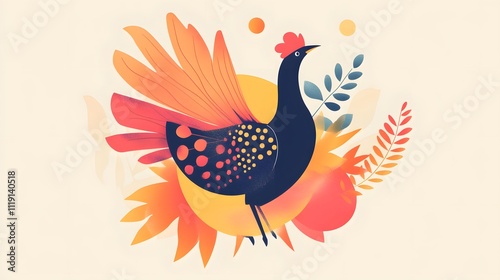 happy thanksgiving banner design with typography, turkey bird and abstract leaves background photo