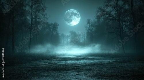 Full moon over foggy forest at night.